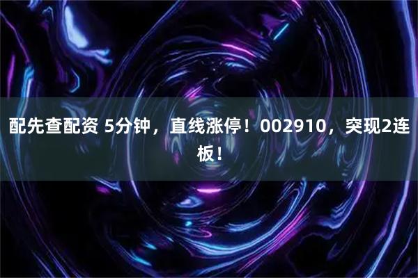 配先查配资 5分钟，直线涨停！002910，突现2连板！